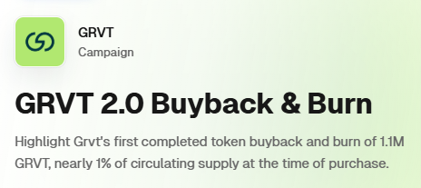 A promotional card for “GRVT” reads “GRVT 2.0 Buyback & Burn” and states: “Highlight Grvt’s first completed token buyback and burn of 1.1M GRVT, nearly 1% of circulating supply at the time of purchase.”