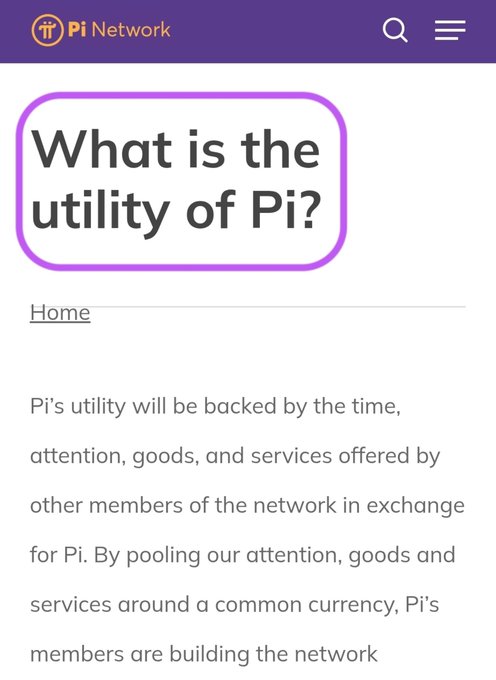 A screenshot of the Pi Network FAQ page displays the highlighted question "What is the utility of Pi?" with introductory text explaining how Pi's value is derived from members exchanging time, attention, goods, and services within the network. This directly supports the post's message that Pi's utility is driven by people trading real goods and services, creating a Web3 ecosystem with fewer intermediaries.