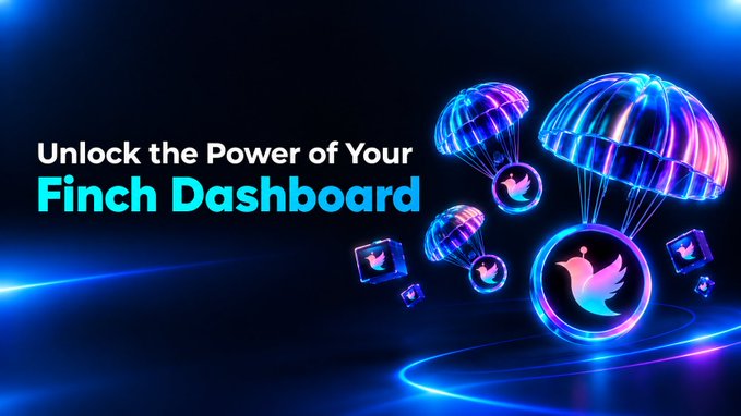 A promotional banner with the text 'Unlock the Power of Your Finch Dashboard' features glowing parachutes and cubes carrying the Twitter bird logo against a dark blue background.