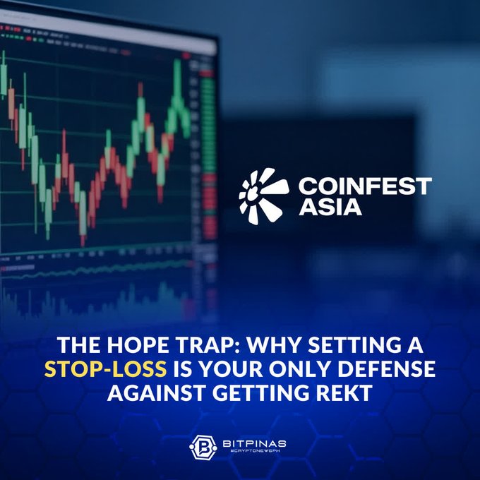 A promotional graphic for 'CoinFest Asia' overlaid on a stock/crypto trading screen, with the BitPinas logo and headline text: 'THE HOPE TRAP: WHY SETTING A STOP-LOSS IS YOUR ONLY DEFENSE AGAINST GETTING REKT.'