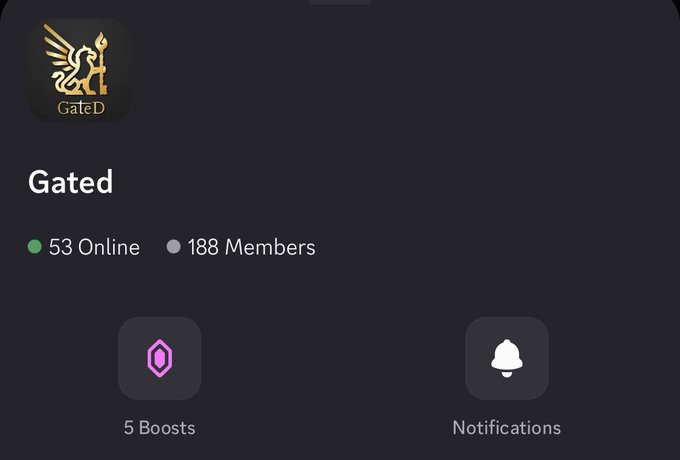 A Discord server overview page for 'Gated' shows 53 online members out of 188 total members, with options for '5 Boosts' and 'Notifications'.