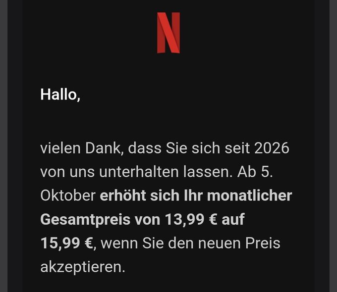 A Netflix email notification in German informs a customer that their monthly subscription price will increase from €13.99 to €15.99 starting October 5, paired with a #StudyBitcoin hashtag post criticizing recurring price hikes in the Euro and Dollar system. The image serves as visual evidence of the poster's argument about perpetual inflation and rising costs in fiat-based economies.