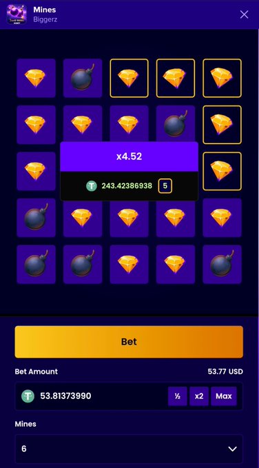 A screenshot of a 'Mines' gambling game by Biggerz showing a 5x5 grid of diamonds and bombs with a payout of x4.52 and a bet of 53.77 USD.