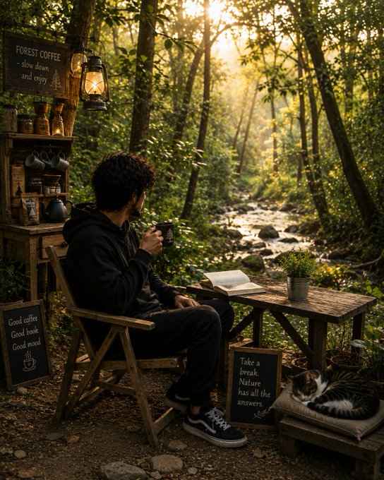 An illustrated scene shows a man in a black hoodie sitting in a forest, drinking coffee from a cup with a cat resting nearby; signs read 'FOREST COFFEE - slow down and enjoy' and 'Take a break. Nature has all the answers.'
