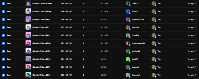 A screenshot of NFT listings for 'Ottariol Otters' showing sale prices ranging from 160.00 to 179.00 APE on what appears to be a marketplace.