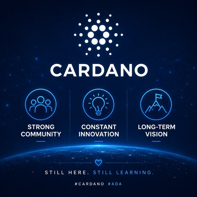 Cardano branded graphic with its dot logo, listing three pillars—'Strong Community', 'Constant Innovation', 'Long-Term Vision'—above the tagline 'Still here. Still learning.' and hashtags #CARDANO #ADA.
