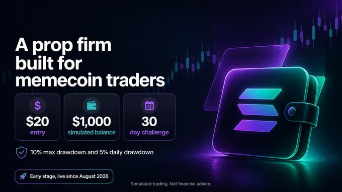 An advertisement graphic reads 'A prop firm built for memecoin traders' featuring a neon-styled wallet icon, with details including '$20 entry', '$1,000 simulated balance', and '30 day challenge'.