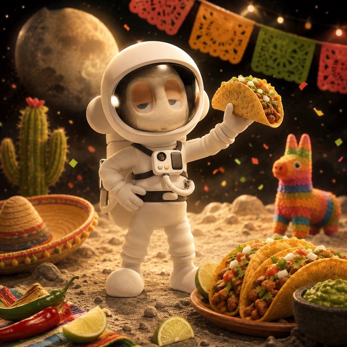 A cute astronaut in a space suit holds up a taco on a moon-like landscape, surrounded by a festive spread of tacos, a sombrero, a cactus, and a colorful piñata, all decorated with papel picado bunting—perfectly capturing the celebratory "Happy Taco Day" spirit.