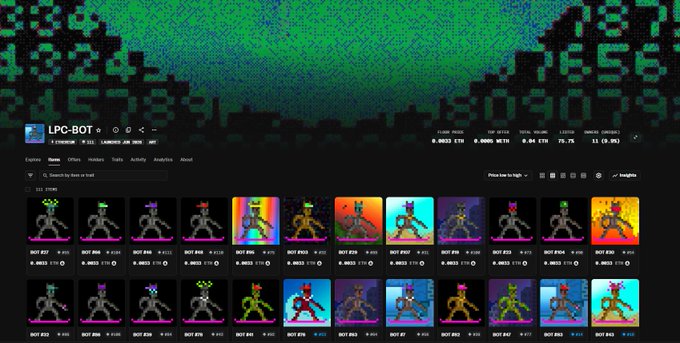 An NFT marketplace interface for 'LPC-BOT' on a dark green patterned background, displaying a collection of pixel-art bot character NFTs with floor price, top offer, and ETH volume stats.