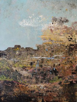 An abstract landscape painting featuring textured brushstrokes in blue, white, brown, and green hues, suggesting a sky, horizon, and earthy terrain.