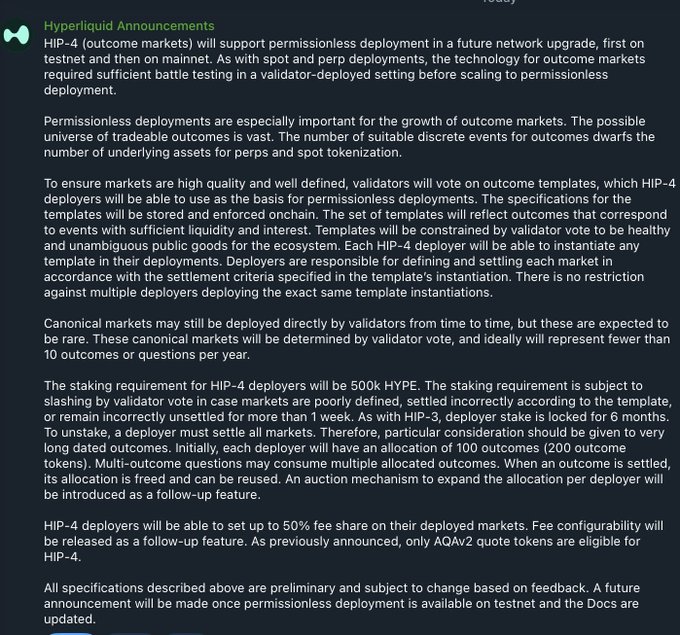 A Hyperliquid announcement detailing HIP-4 specifications for permissionless outcome markets deployment, requiring 500k HYPE staking, validator-voted templates, and 100-outcome allocation per deployer, with AOAv2 quote tokens required for eligibility.