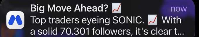 A push notification on a dark background reads "Big Move Ahead? 📈 Top traders eyeing SONIC. 📈 With a solid 70.301 followers, it's clear t..." marked as "now" with an Aster logo.