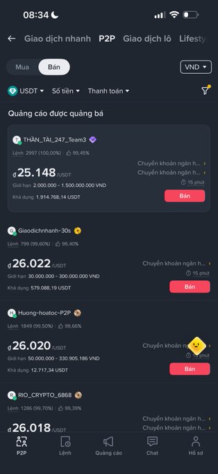 A mobile app screenshot showing a P2P cryptocurrency trading interface in Vietnamese, displaying USDT sell listings with prices in Vietnamese Dong (VND), including a listing by 'THAN_TAI_247_Team3' for 25,148 USDT.