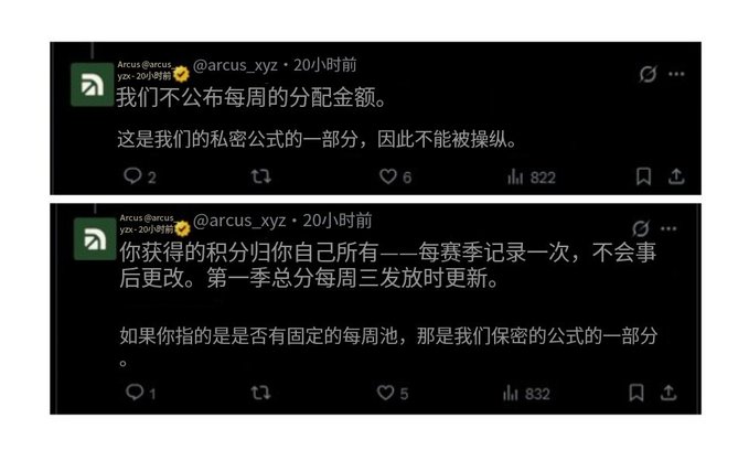 Two tweets from @arcus_xyz in Chinese explaining that they don't publicly announce weekly distribution amounts as it's part of their proprietary formula, with scores of 822 and 832.