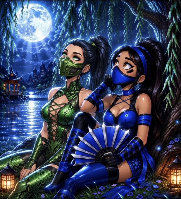A digital illustration of two female ninja characters, one in green and one in blue, sitting together under a willow tree with a full moon and pagoda in the background.