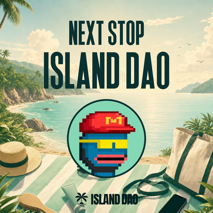 A promotional graphic reading 'NEXT STOP ISLAND DAO' featuring a pixel-art character with a red hat, yellow sunglasses, and blue face, surrounded by beach elements like palm trees, a hat, a bag, and a phone.