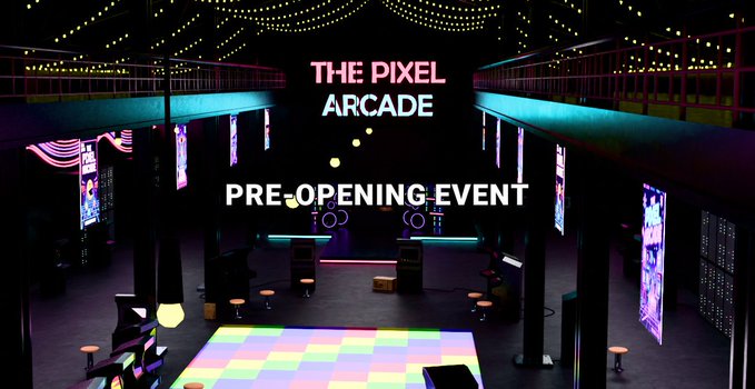 The image shows "THE PIXEL ARCADE PRE-OPENING EVENT" displayed in bright neon-style text inside a dimly lit arcade venue featuring a glowing pixelated dance floor and colorful illuminated gaming stations. The arcade's vibrant, retro-gaming aesthetic with pixel-art design elements ties directly into the "Testers wanted" call to action, inviting visitors to preview and try out the venue before its grand opening.