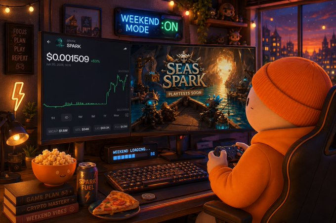 The image shows a person sitting at a desk with a computer monitor displaying a video game called "Seas of Spark" while they play the game. The person is wearing an orange sweater, and there are snacks like pizza and popcorn on the desk. A keyboard and mouse can be seen in front of them as well.

The post mentions that the weekend mode has been activated for the game, which means players who completed the previous week's NFT will receive a 50K reward. The post also includes a reference to the Founder's Ship NFT being teased, suggesting that the gaming community is excited about the upcoming release of Seas of Spark.