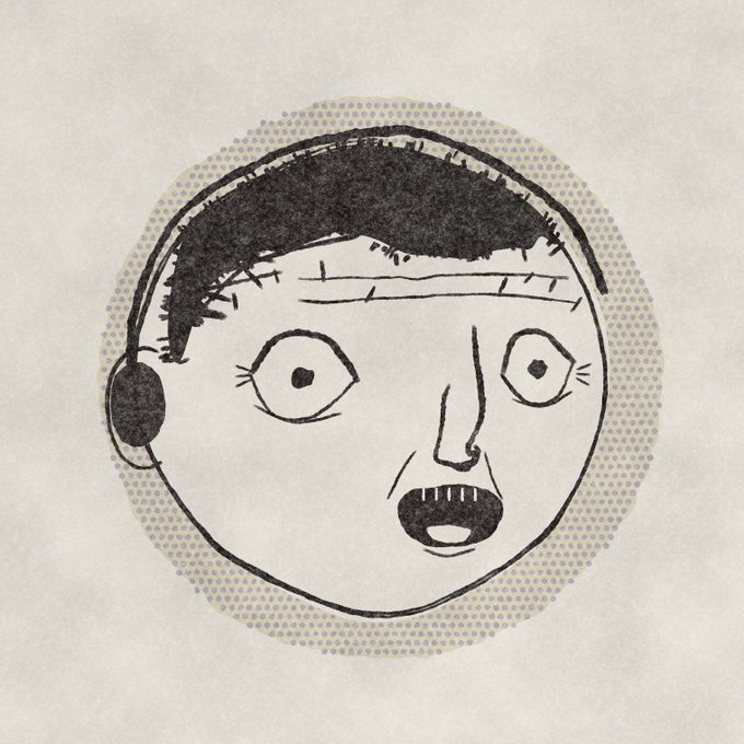 A black-and-white cartoon sketch of a wide-eyed, anxious-looking face with dark hair, set against a dotted circular background.