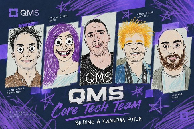 A poster titled "QMS Core Tech Team - BILDING A KWANTUM FUTUR" featuring hand-drawn portraits of five team members: Christopher Portmann, Egcyar Ozlen Sagü, Rasmus Kirk Jakobsen, and Alessio Onori.