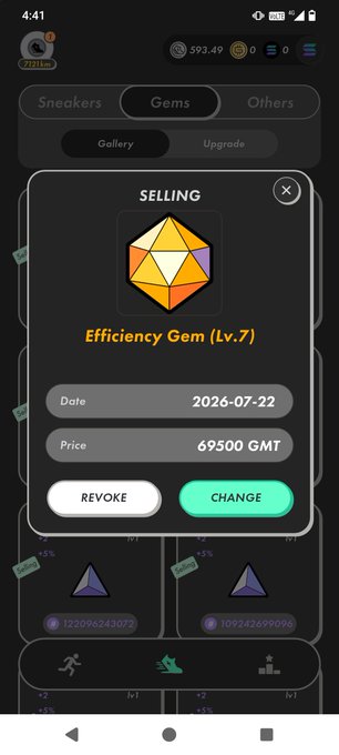 A mobile app interface showing an Efficiency Gem (Lv.7) being sold for 69,500 GMT, dated 2026-07-22.