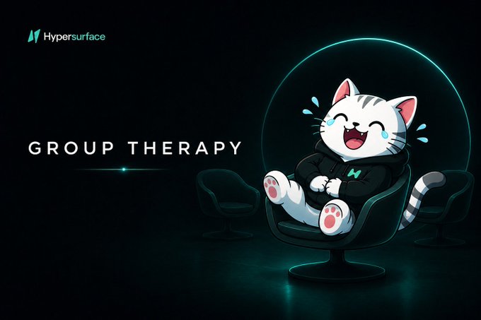A promotional graphic featuring a crying cartoon cat in a hoodie sitting in a chair, with the Hypersurface logo and 'GROUP THERAPY' text.
