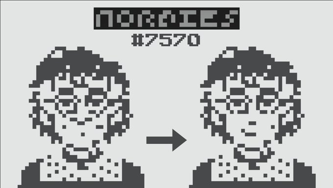A pixel art comparison showing a character labeled "NORMIES #7570" on the left transitioning to a similar-looking character on the right via an arrow, suggesting a subtle change in expression.