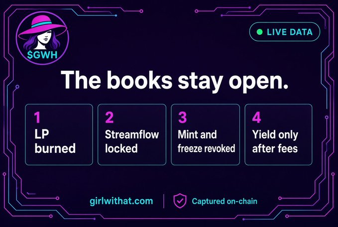 An infographic with a neon border titled 'The books stay open.' from girlwithhat.com shows 'LIVE DATA' and lists four points: '1 LP burned', '2 Streamflow locked', '3 Mint and freeze revoked', and '4 Yield only after fees'.