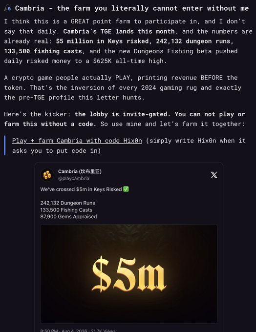 A social media post promoting the crypto game 'Cambria' with an invite code 'Hix0n', highlighting $5 million in keys risked, 242,132 dungeon runs, and 133,500 fishing casts.