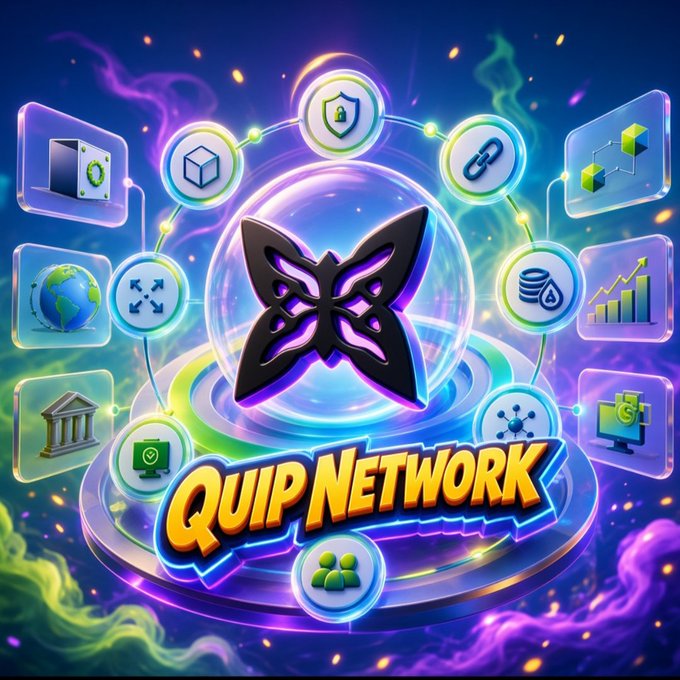 A vibrant, futuristic digital illustration for "QUIP NETWORK" featuring a central butterfly logo surrounded by icons representing servers, blockchain, banking, and networking.