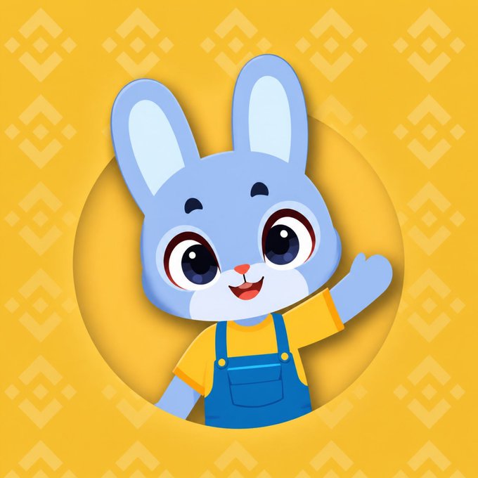 A cheerful cartoon illustration of a blue bunny character wearing a yellow shirt and blue overalls, waving hello against a yellow patterned background.