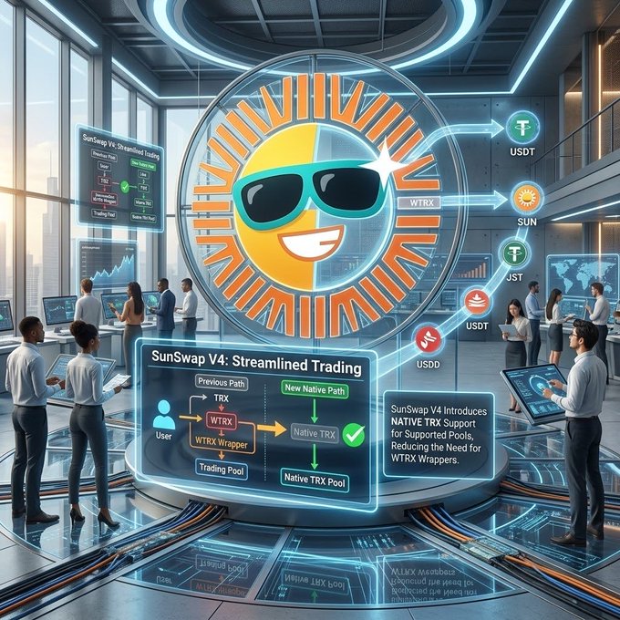 A futuristic digital illustration depicting SunSwap V4 streamlined trading features, highlighting NATIVE TRX support and connections to USDT, USDD, and SUN tokens.