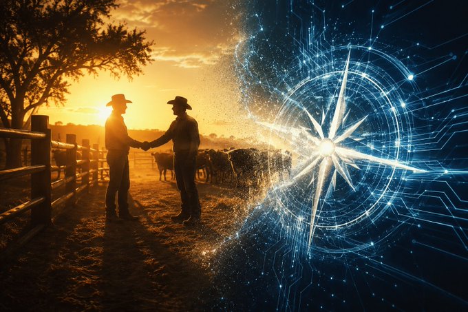 A split-image illustration showing two silhouetted cowboys shaking hands at sunset with cattle on the left, and a glowing blue digital circuit-board compass or starburst on the right.