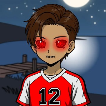 Digital illustration of an anime-style character with brown hair, red glowing eyes, and a stitched mouth, wearing a red and white jersey with the number 12 against a moonlit night background.