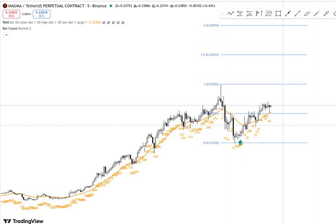 A TradingView 1-day candlestick chart of MAGMA/USDT perpetual contract on Binance, showing a strong uptrend with Fibonacci retracement levels (0.21230 to 0.29476) and an EMA indicator, illustrating the post's analysis of buying at a pullback bottom in a bullish trend targeting previous highs and a measured move equal to the prior retracement range.