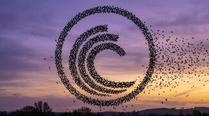 A flock of birds in the sky forms the BitTorrent Chain (BTTC) logo, symbolizing the secure and decentralized network. The image visually represents the BTTC network as a cohesive force, aligning with the post's message about securing the cross-chain network and earning daily yields through BTT delegation.