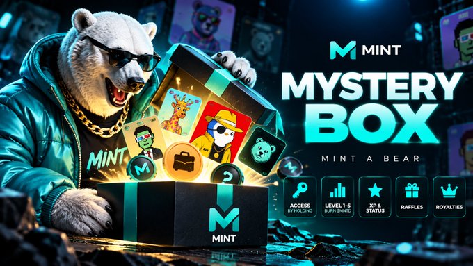 A promotional graphic for 'MINT MYSTERY BOX' featuring an anthropomorphic bear in sunglasses with NFT perks like Access, Level 1-5 Burn Shirt, and XP & Status.