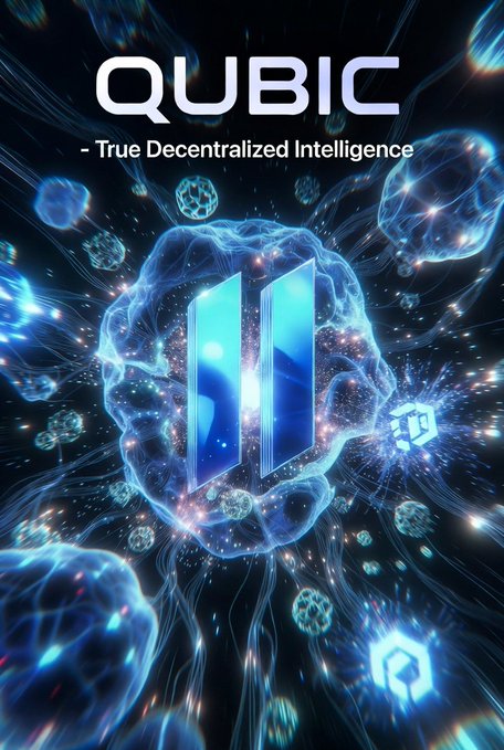 The image shows a poster with a vibrant blue background and a prominent title that reads "Quibc True Centralized Intelligence", accompanied by a line of text describing a hackathon happening at $QUBIC, which features real-life applications for blockchain technology like Proof of Work (PoW), Augmenta's proof of concept, and a focus on decentralized intelligence. The poster also includes several images that are likely to be used as visual aids during the event.