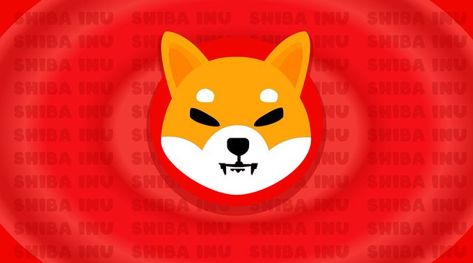 A red graphic featuring a stylized Shiba Inu dog face in the center, with 'SHIBA INU' text repeated as a watermark pattern across the background.