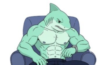 Illustration of a buff, anthropomorphic green shark character with muscular abs, wearing pants and a watch, sitting in a blue armchair.