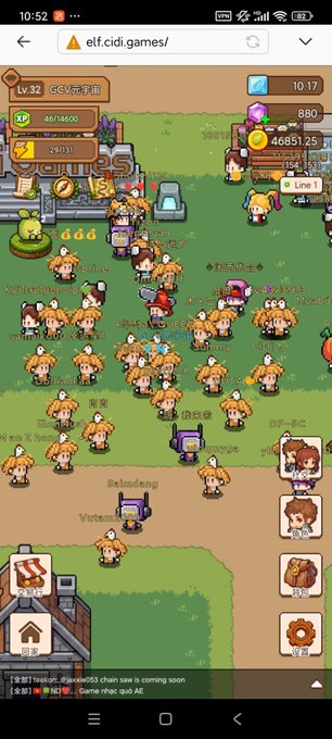 A screenshot of the mobile game "elf.cici.games" showing a character at Level 32 surrounded by numerous characters wearing straw hats on a grassy area, with stats for XP and in-game currency visible.