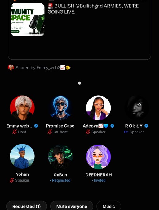 A screenshot of a social media space called "COMMUNITY SPACE" with "BULLISH" announcing "ARMIES, WE'RE GOING LIVE," showing participants Emmy web..., Promise Case, Adeova, ROLLY, Yohan, OxBen, and DEEDHERAHH.