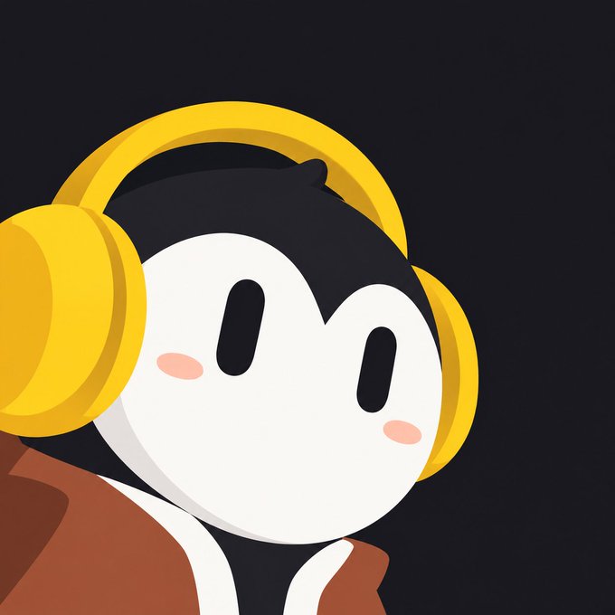 A cute cartoon illustration of a black and white penguin-like character wearing yellow headphones and a brown jacket against a dark background.
