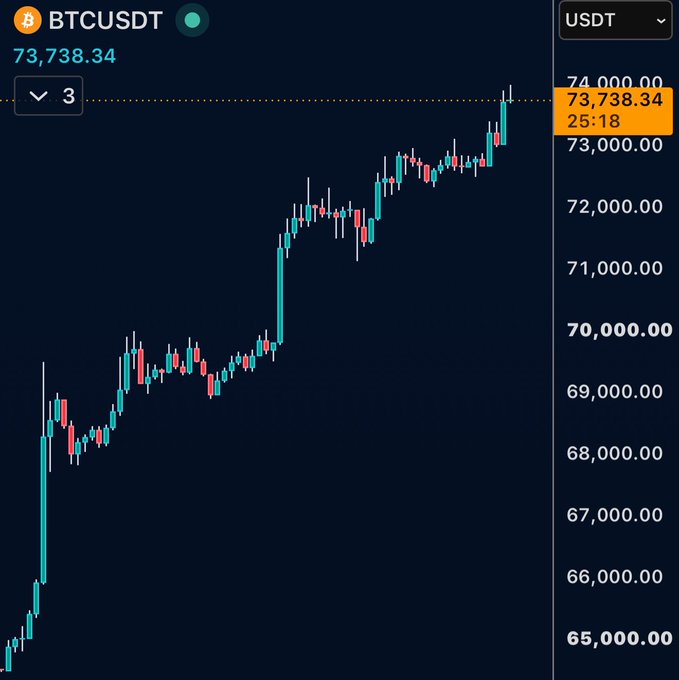 A BTC/USDT candlestick chart shows Bitcoin surging to $73,738.34, up dramatically from around $65,000, with the post's exclamation highlighting the remarkable price rally.