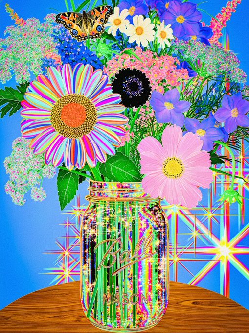 A vibrant digital artwork featuring a colorful bouquet of flowers—including daisies, cosmos, and baby's breath—arranged in a glass "Ball Mason" jar atop a wooden surface, with a butterfly perched atop the blooms against a bright blue background with rainbow starburst accents. The piece visually aligns with the "Bloom and Ground" NFT collection shared on objkt.com by artist @Anara_AI_Images.