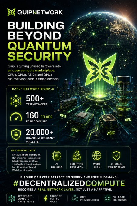 A promotional infographic for 'QUIPNETWORK' titled 'BUILDING BEYOND QUANTUM SECURITY' featuring stats like 500+ TESTNET NODES, 160 PFLOPS PEAK COMPUTE, and 20,000+ QUANTUM RESISTANT WALLETS, with the hashtag #DECENTRALIZEDCOMPUTE.