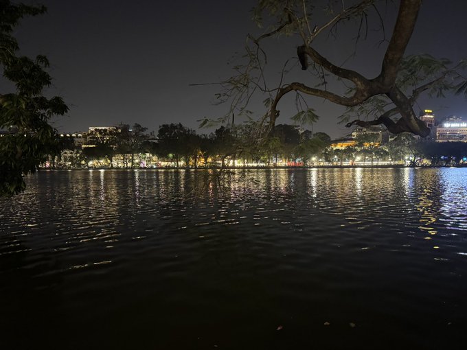 A nighttime view of a lake with city lights reflecting on the water, framed by silhouetted tree branches in the foreground.