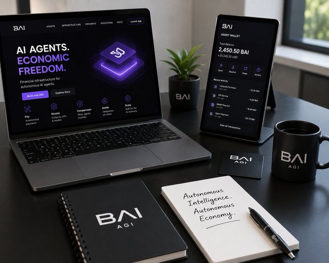 A workspace displaying B.AI branding on a laptop, phone, mug, and notebook, with the laptop showcasing "AI AGENTS. ECONOMIC FREEDOM." and the phone showing an "AGENT WALLET" with a balance of 2,450.50 BAI—visually reinforcing the post's message about integrating AI agents with blockchain-based financial transactions.
