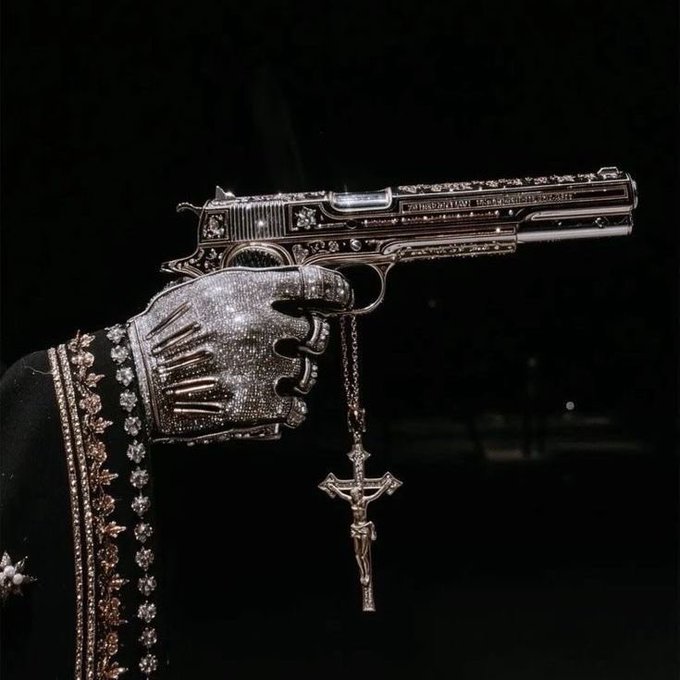 A close-up of a gloved hand encrusted with jewels holding an ornate silver handgun with a cross pendant hanging from the trigger, set against a dark background.