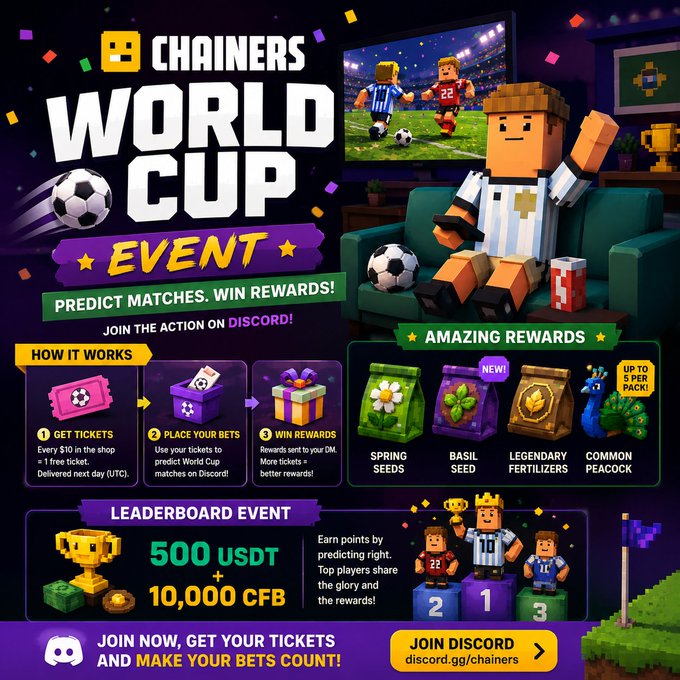 A promotional graphic for the 'CHAINERS WORLD CUP EVENT' on Discord, detailing how to get tickets, place bets, and win rewards like Spring Seeds, Basil Seed, and Legendary Fertilizers, with a 500 USDT and 10,000 CFB leaderboard prize.
